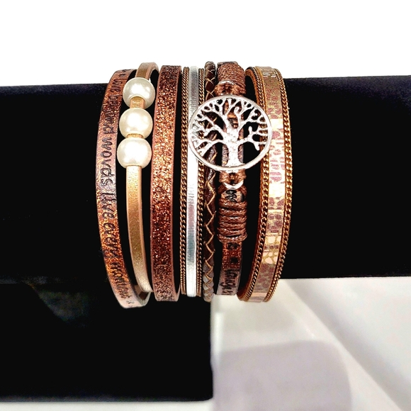 Tree of Life Stacked Bracelet Brown Faux Pearls Silver Magnetic Clasp - Picture 2 of 9